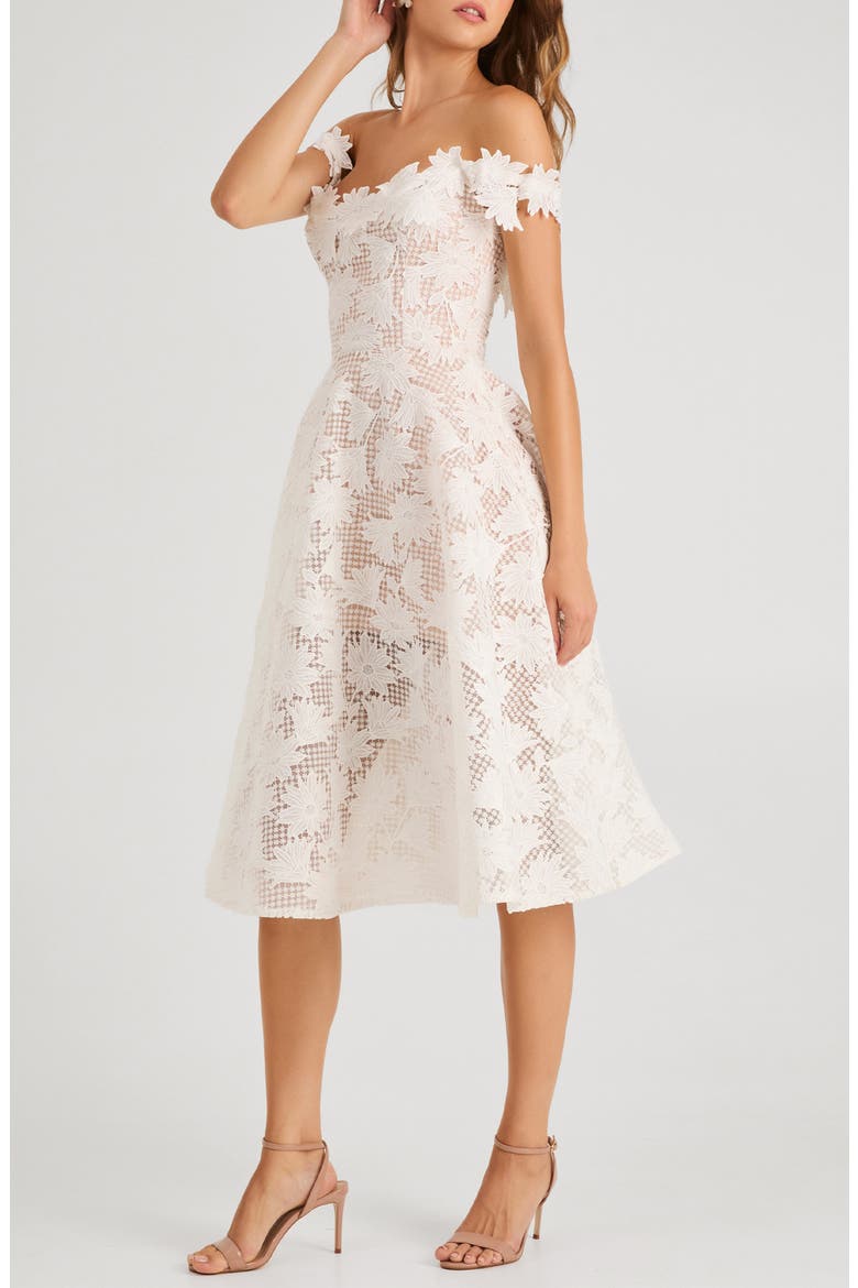 Valentina Floral Appliqué Off the Shoulder Cocktail Midi Dress, Alternate, color, OFF WHITE