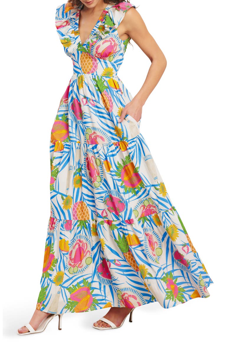 Tropical Print Sleeveless Cotton Maxi Dress, Alternate, color, OFF WHITE MULTI
