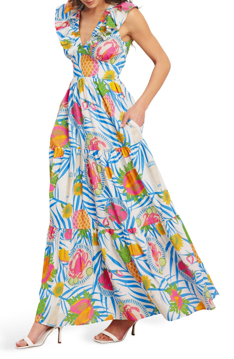 FLYING TOMATO Tropical Print Sleeveless Cotton Maxi Dress, Alternate, color, Off White Multi