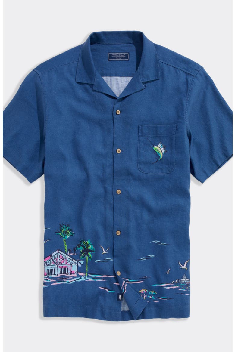 Scenic Print Short Sleeve Linen Blend Cabana Shirt, Alternate, color, MOONSHINE