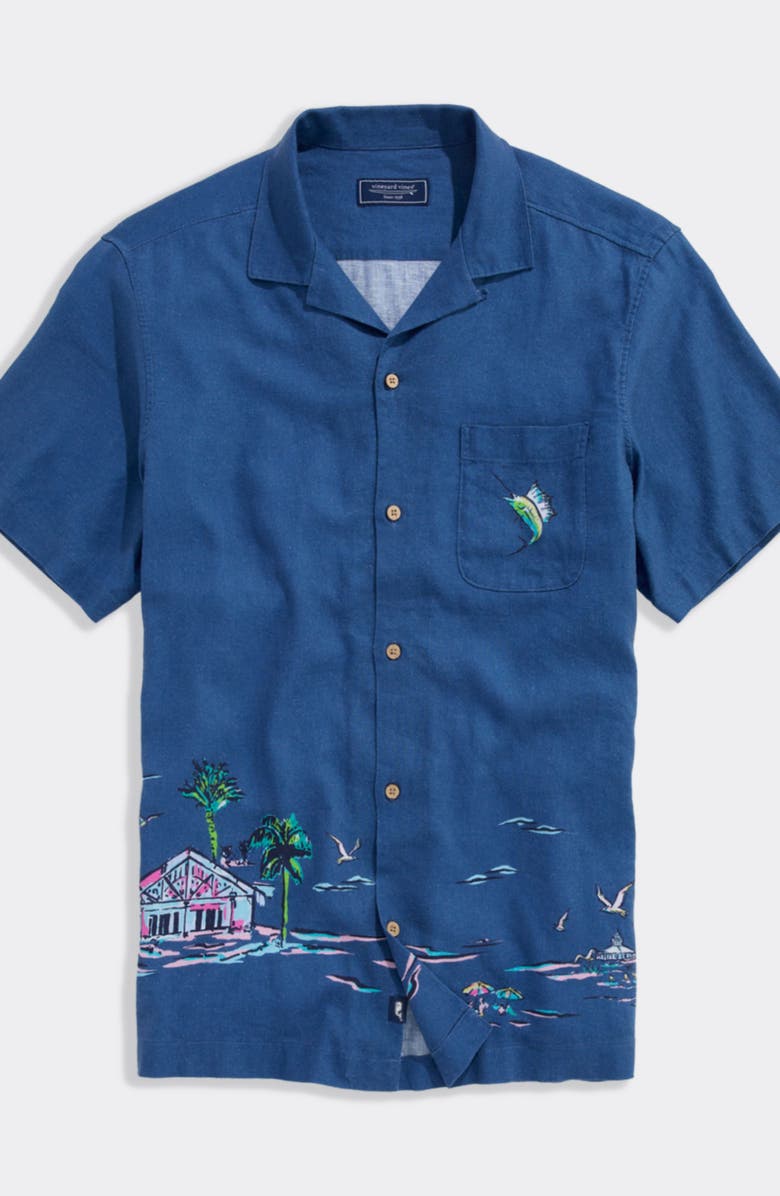 vineyard vines Scenic Print Short Sleeve Linen Blend Cabana Shirt, Alternate, color, Moonshine