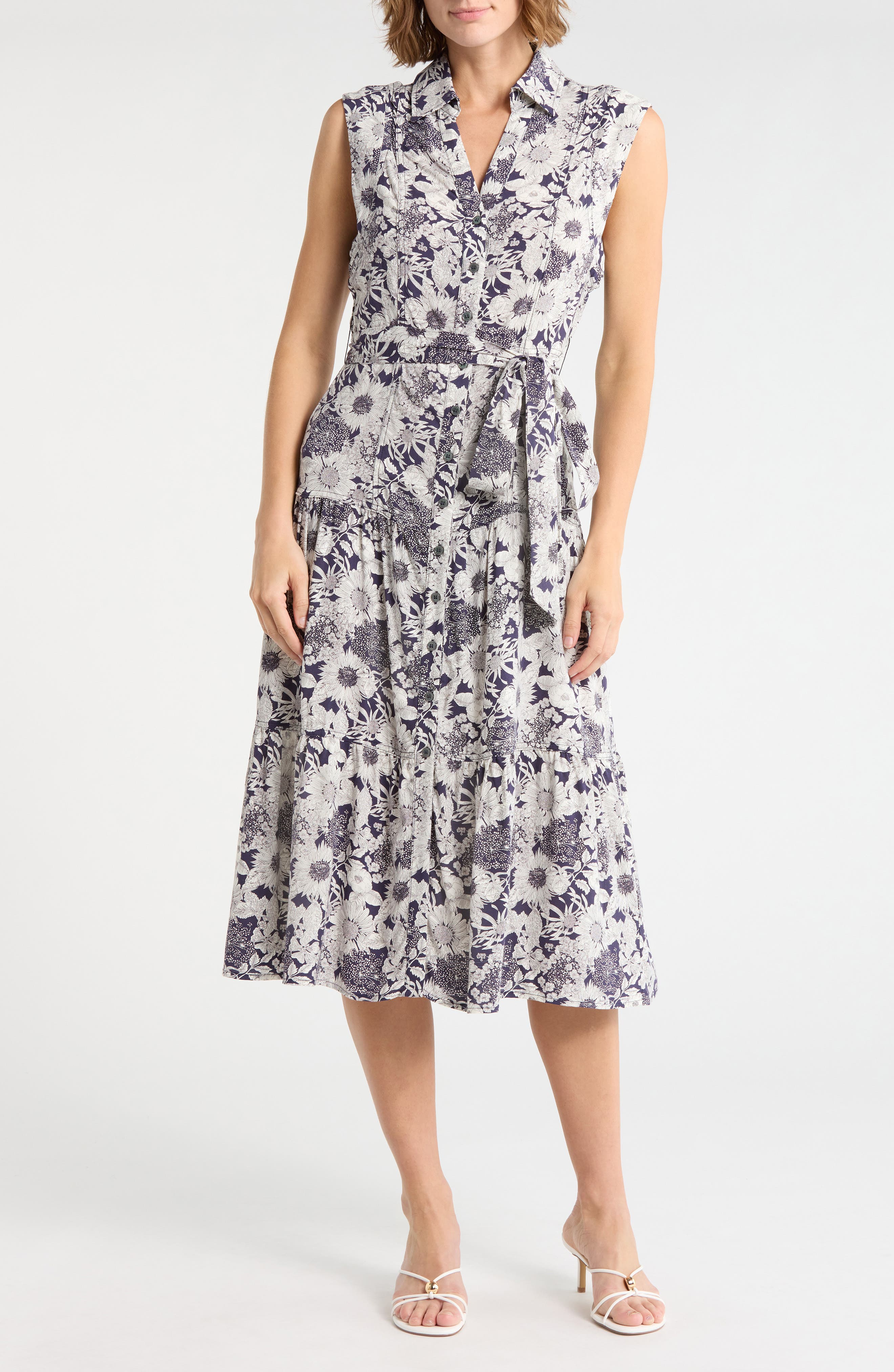 Ellen Tracy Cap Sleeve Tiered Midi Shirtdress
