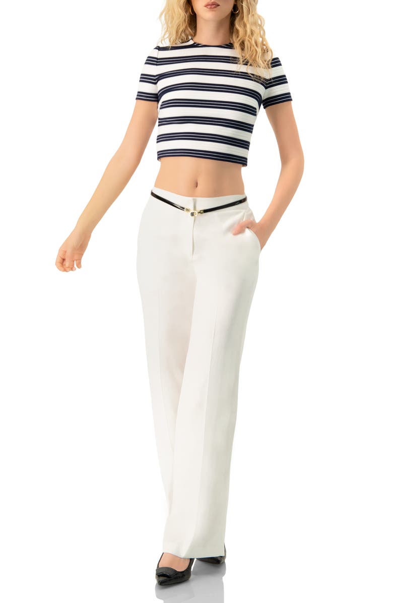 IVONNE Striped Short Sleeve Round Neck Crop Top, Alternate, color, Navy Blue