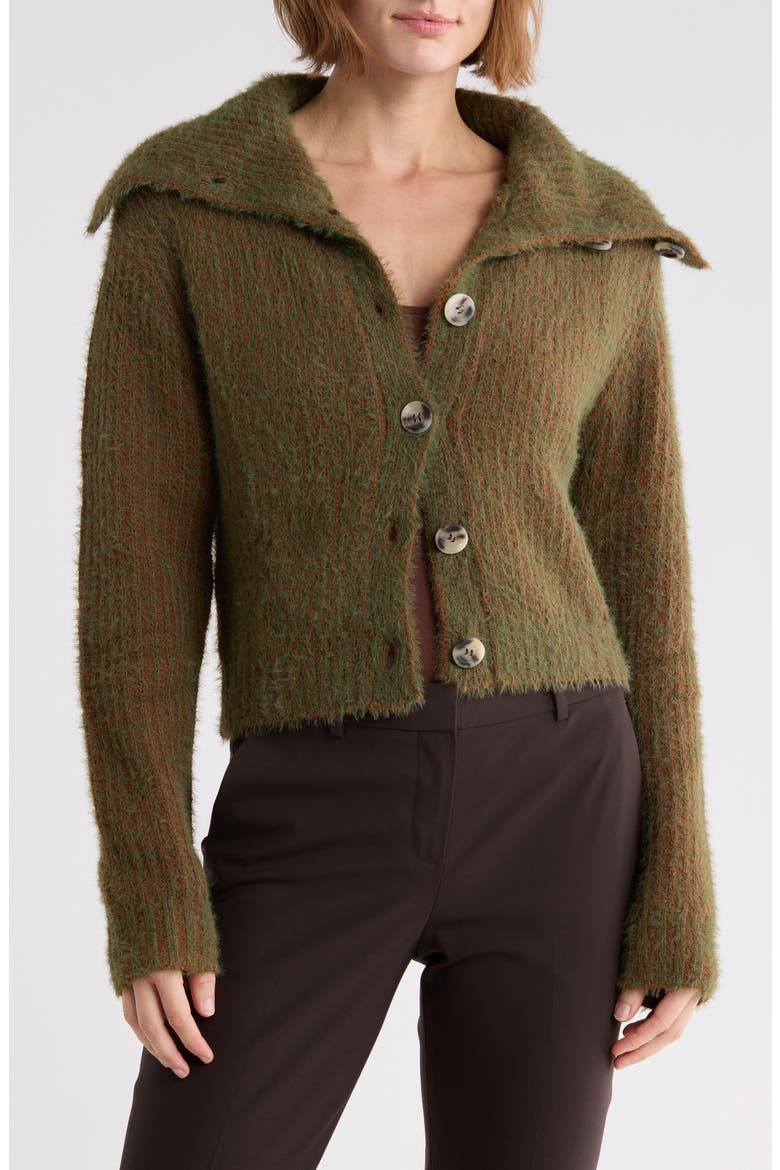 Fuzzy Knit Collared Cardigan, Main, color, OLIVE/ RUST