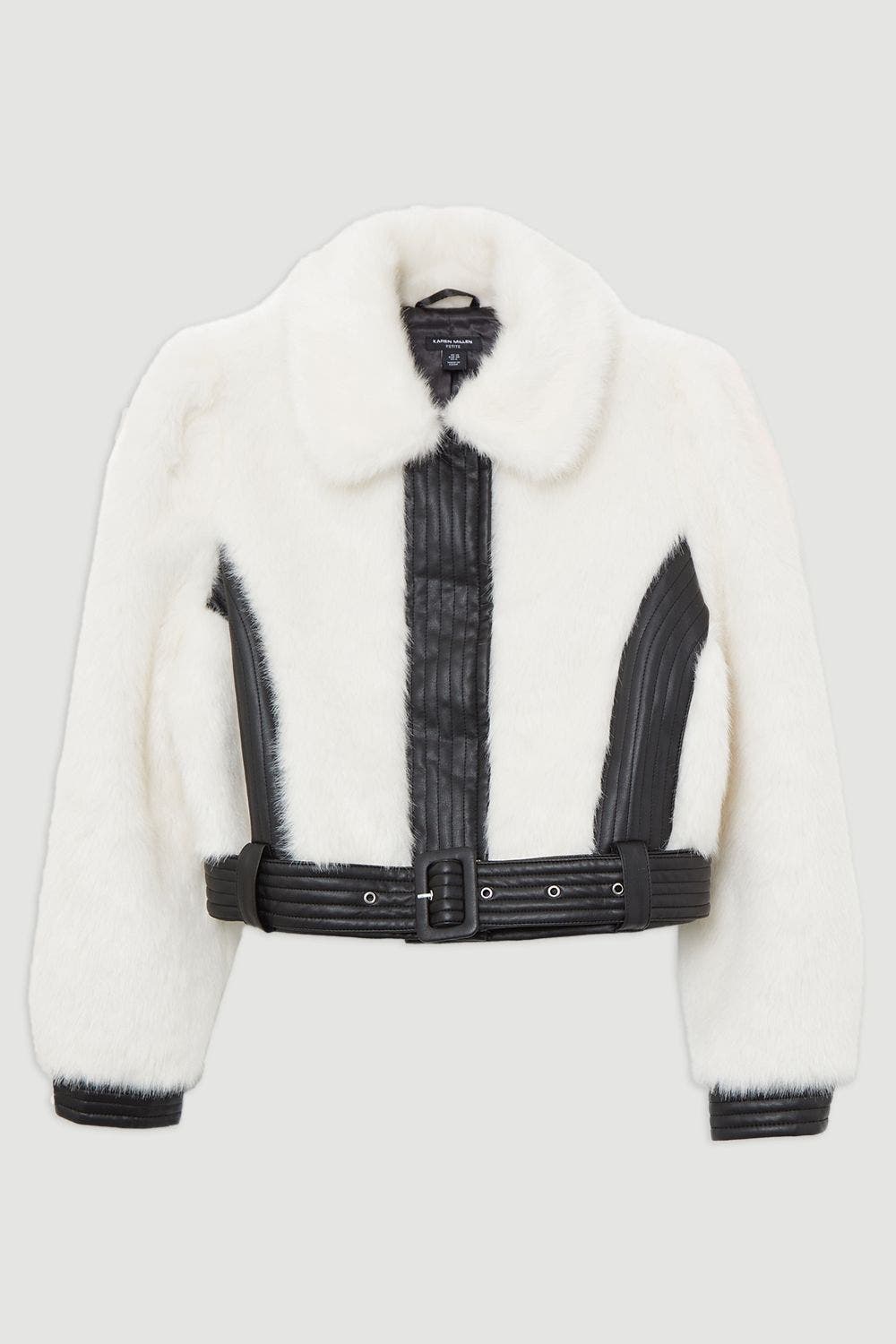 Faux Fur Pu Panel Belted Cropped Jacket - image 4