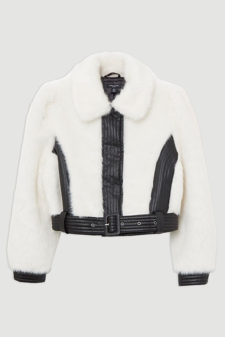 Faux Fur Pu Panel Belted Cropped Jacket, Alternate, color, Ivory