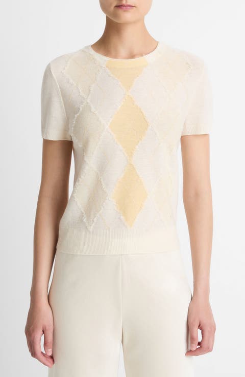 Hand Cut Argyle Wool & Cashmere Blend Short Sleeve Sweater