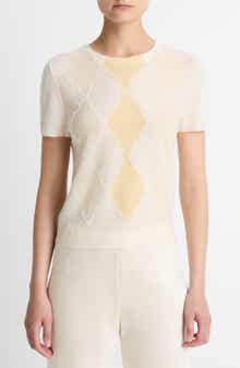 Vince Hand Cut Argyle Wool & Cashmere Blend Short Sleeve Sweater