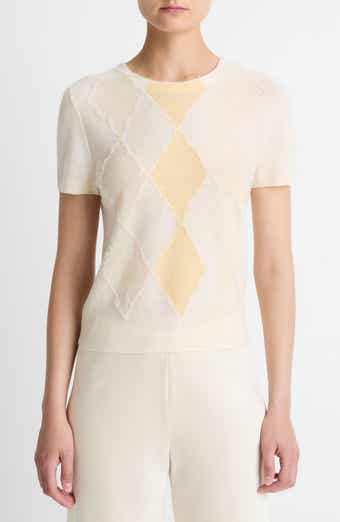 Vince Hand Cut Argyle Wool & Cashmere Blend Short Sleeve Sweater