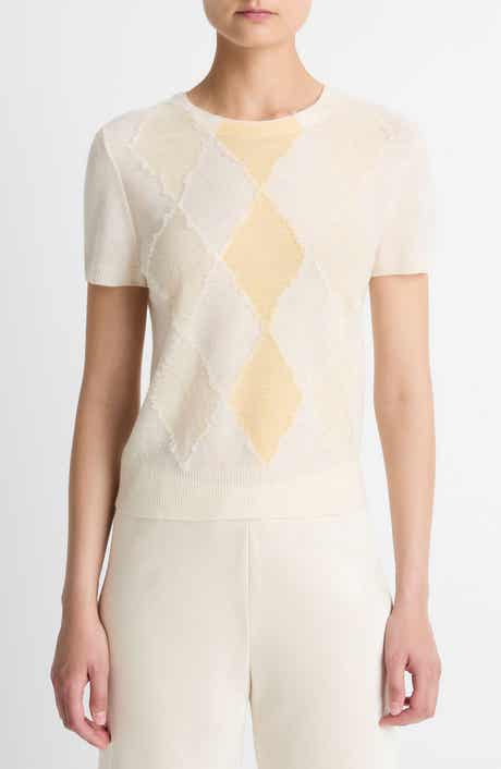 Vince Hand Cut Argyle Wool & Cashmere Blend Short Sleeve Sweater