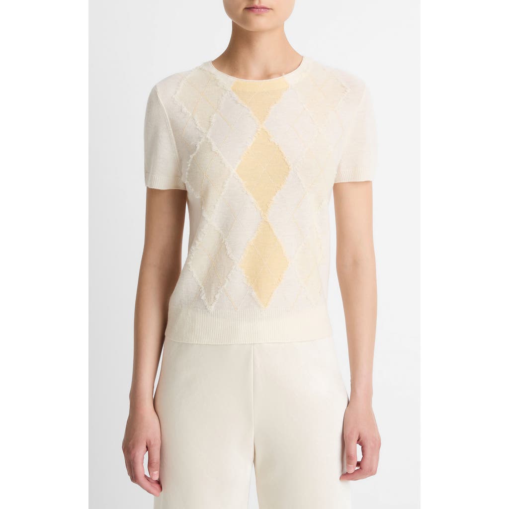 Vince Hand Cut Argyle Wool & Cashmere Blend Short Sleeve Sweater In Neutral