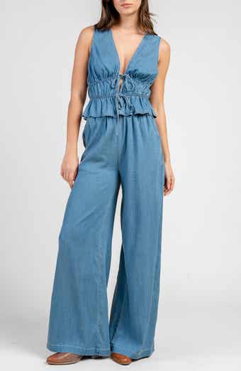 Shirred Wide Leg Chambray Jumpsuit