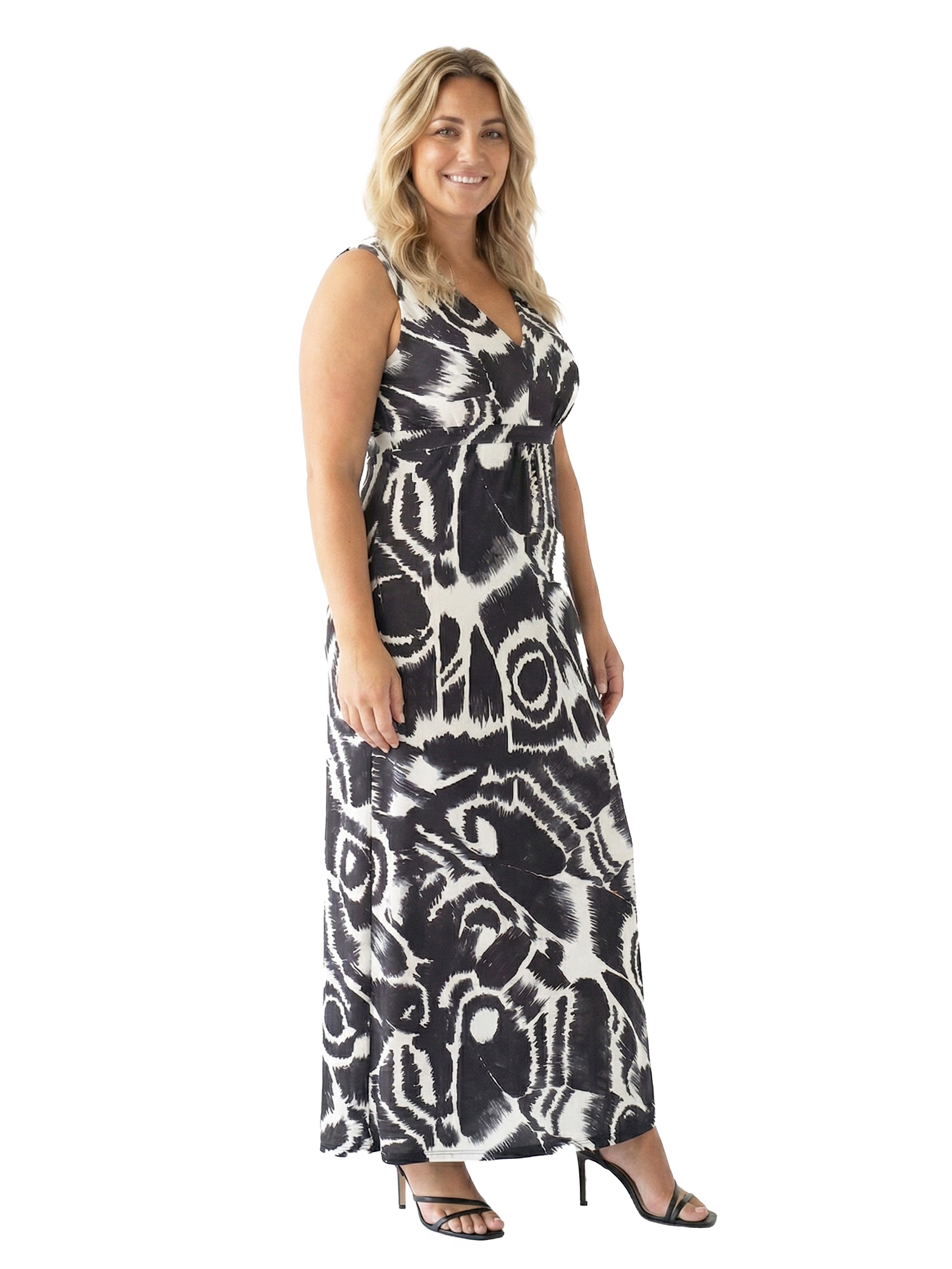 Curvy Essential Abstract Print V-Neck Sleeveless Tie Back Empire Waist Maxi Dress - image 2