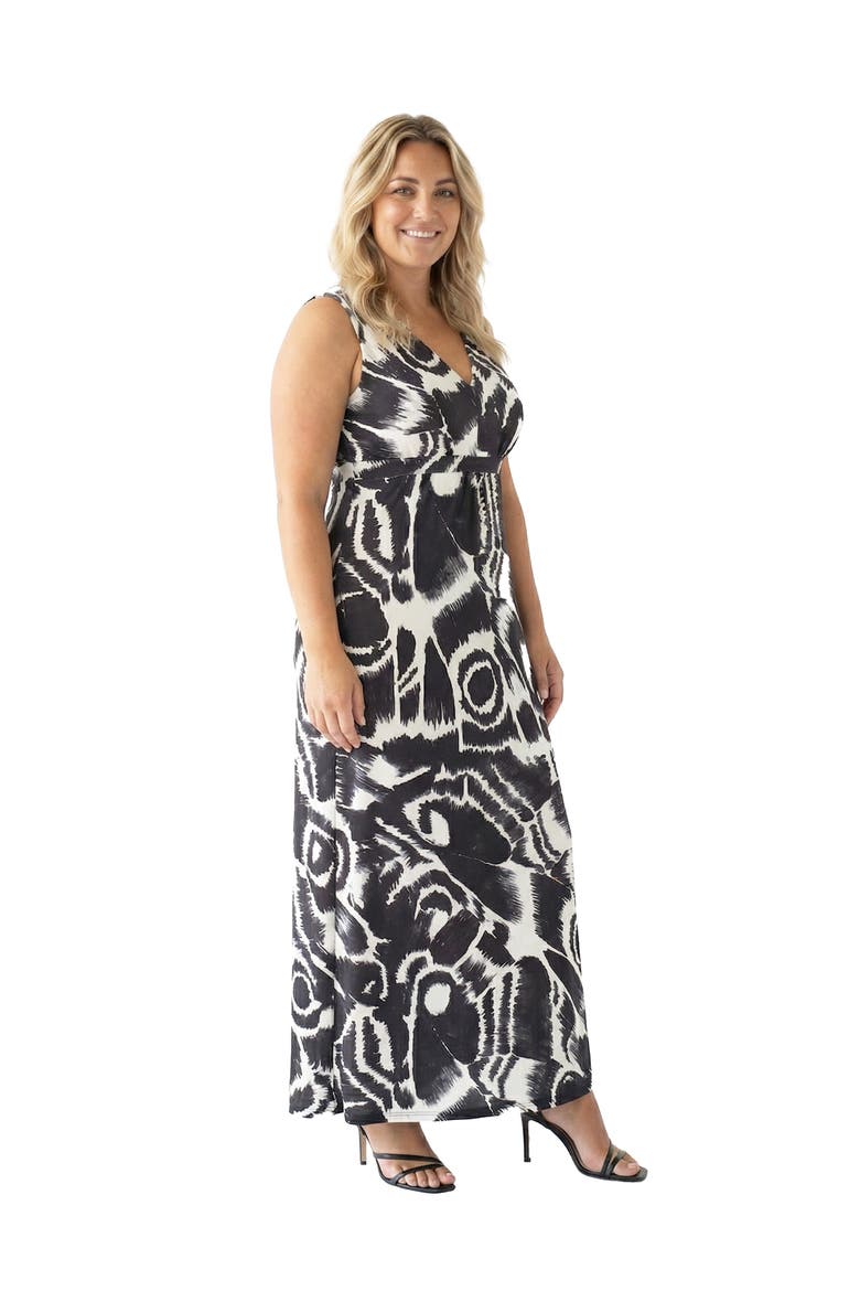 Curvy Essential Abstract Print V-Neck Sleeveless Tie Back Empire Waist Maxi Dress, Alternate, color, Black Multi