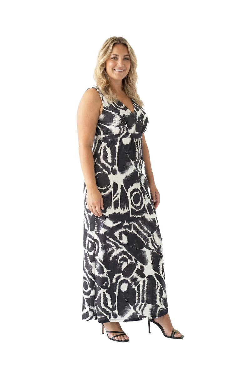 24seven Comfort Apparel Curvy Essential Abstract Print V-Neck Sleeveless Tie Back Empire Waist Maxi Dress, Alternate, color, Black Multi