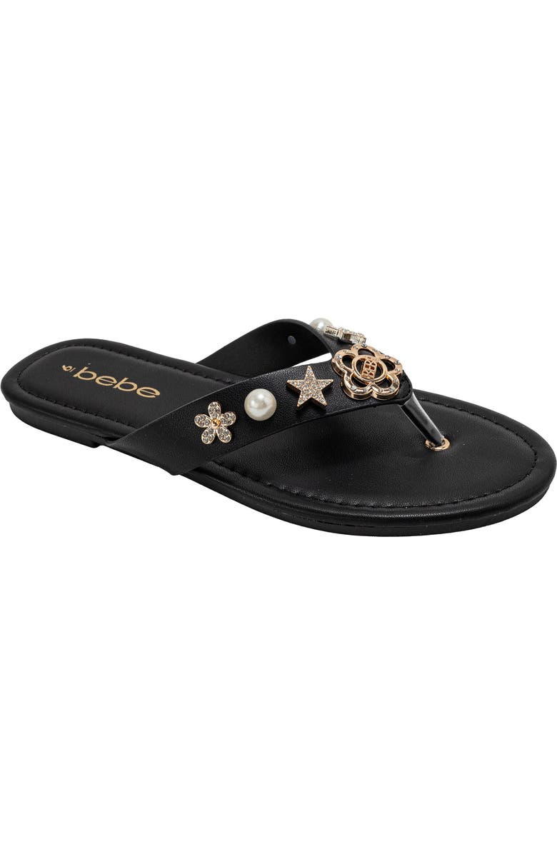 bebe Flower Charm Thong Sandal, Main, color, Black