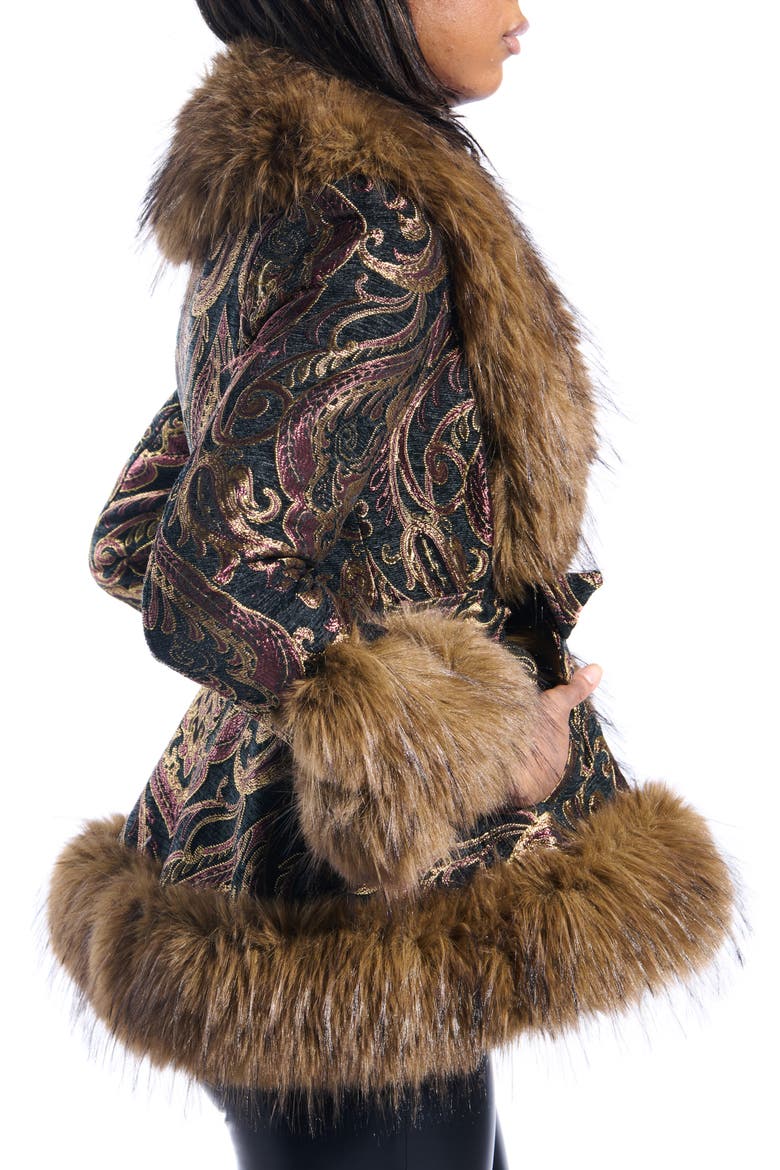 Kenzy Belted Jacquard & Faux Fur Coat, Alternate, color, BLACK MULTI