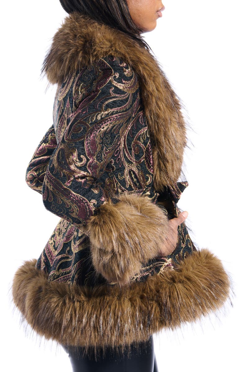 AZALEA WANG Kenzy Belted Jacquard & Faux Fur Coat, Alternate, color, Black Multi