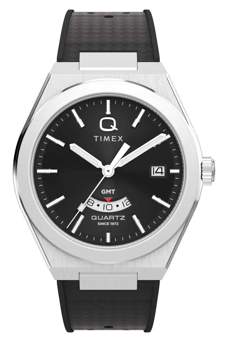 Q Timex Continental GMT 39mm Synthetic Rubber Watch, Main, color, STAINLESS STEEL