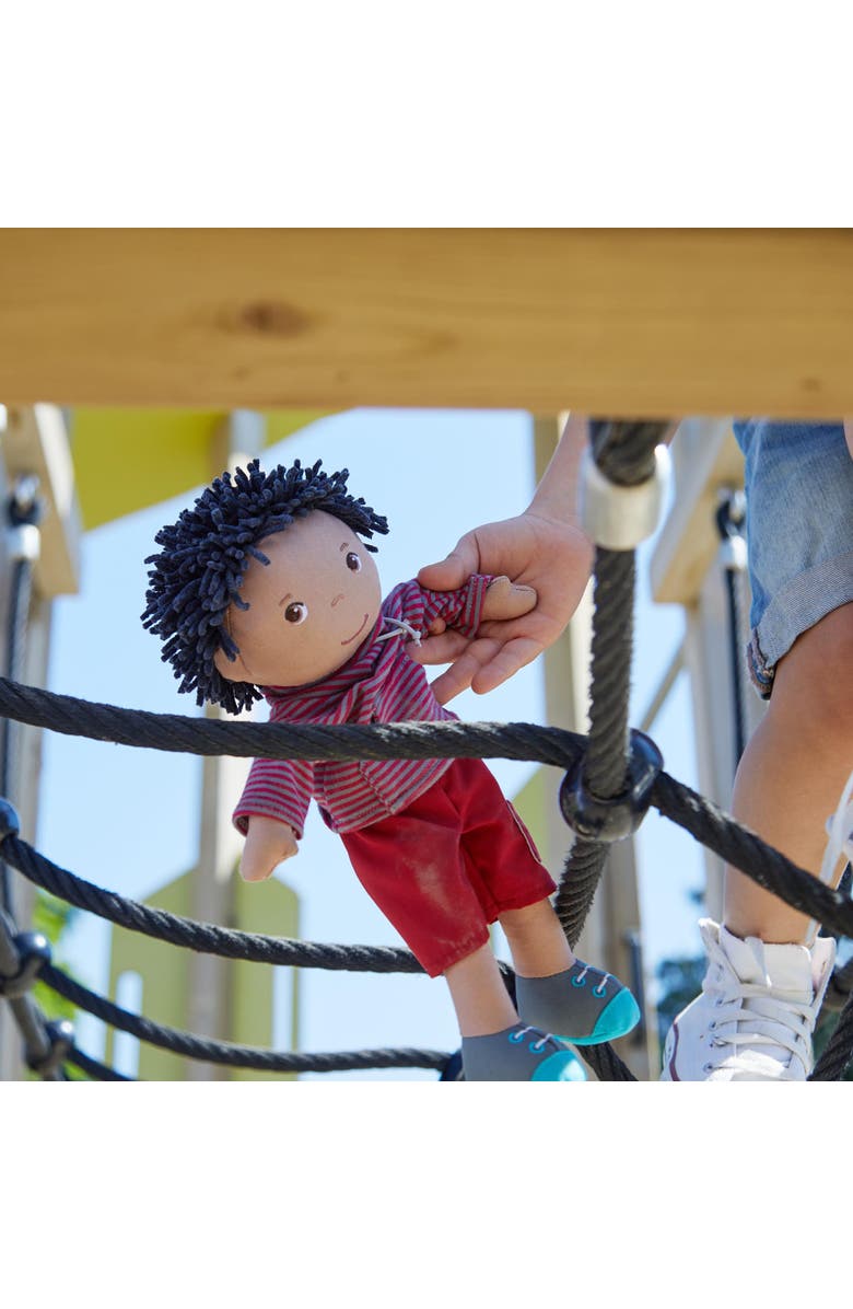 HABA William 12" Soft Doll - Black Baby Boy Doll (Machine Washable) Perfect Plush Toy for 18 Months & Up with Removable Clothing and Embroidered Face, Alternate, color, Red Multi