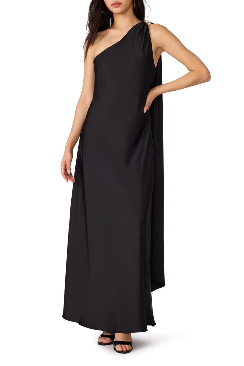 Aurorah One-Shoulder Shawl Dress, Main, color, BLACK