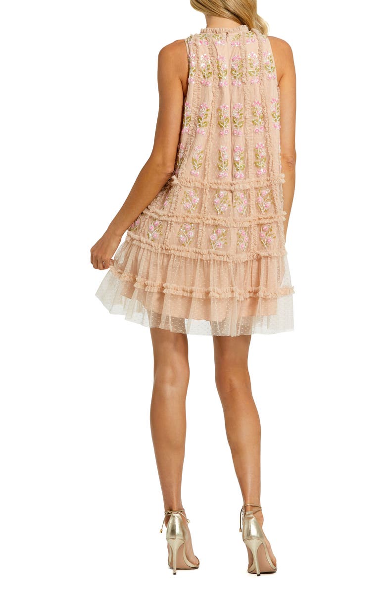 Mac Duggal Sleeveless High Neck Beaded Ruffle Trapeze Dress, Alternate, color, Nude Multi