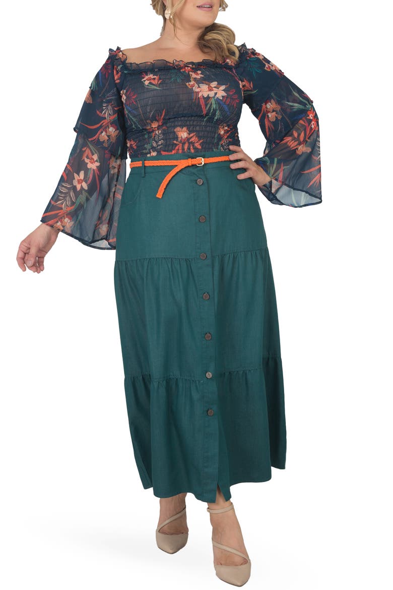 Denim Maxi Peasant Skirt, Alternate, color, OLIVE