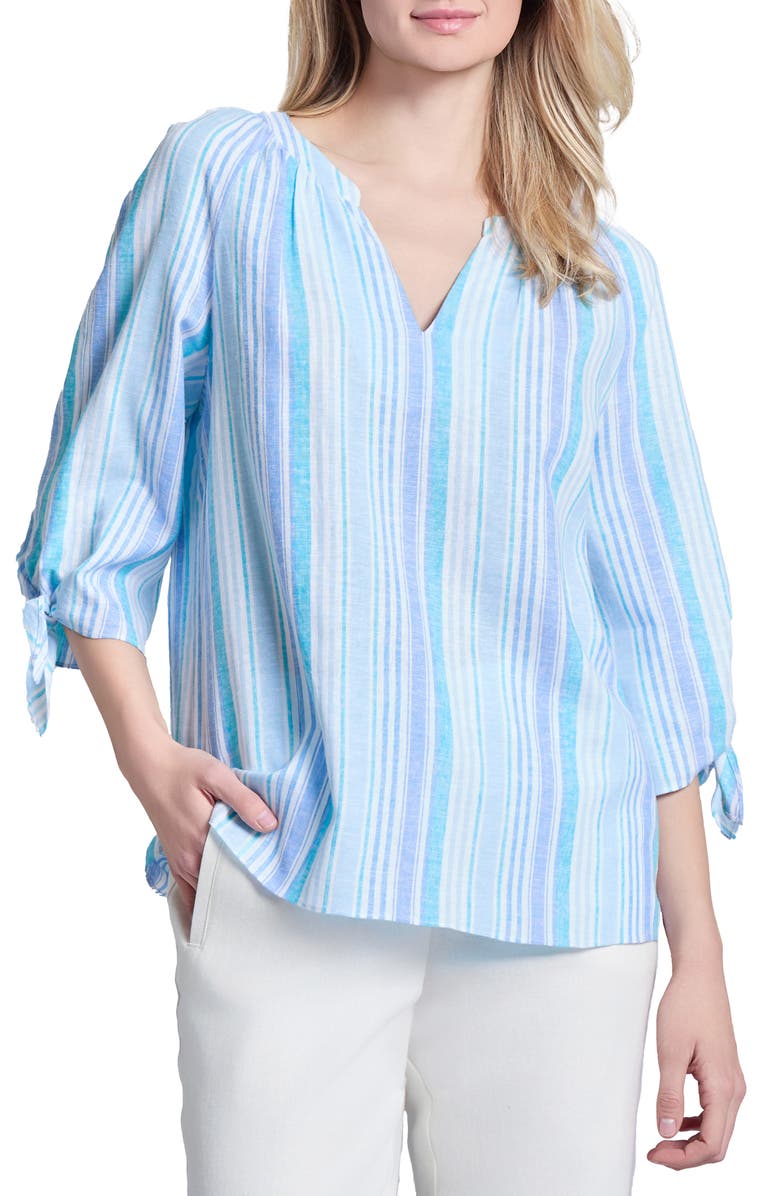Jones New York Stripe Three Quarter Sleeve Linen Blend V-Neck Top, Main, color, 