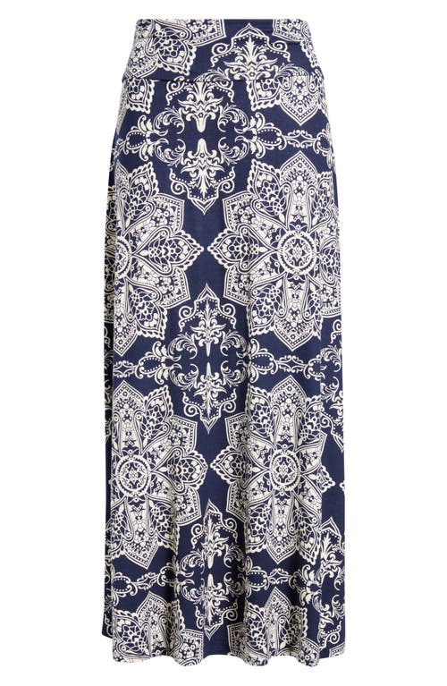Loveappella Roll Top Print Maxi Skirt In Blue
