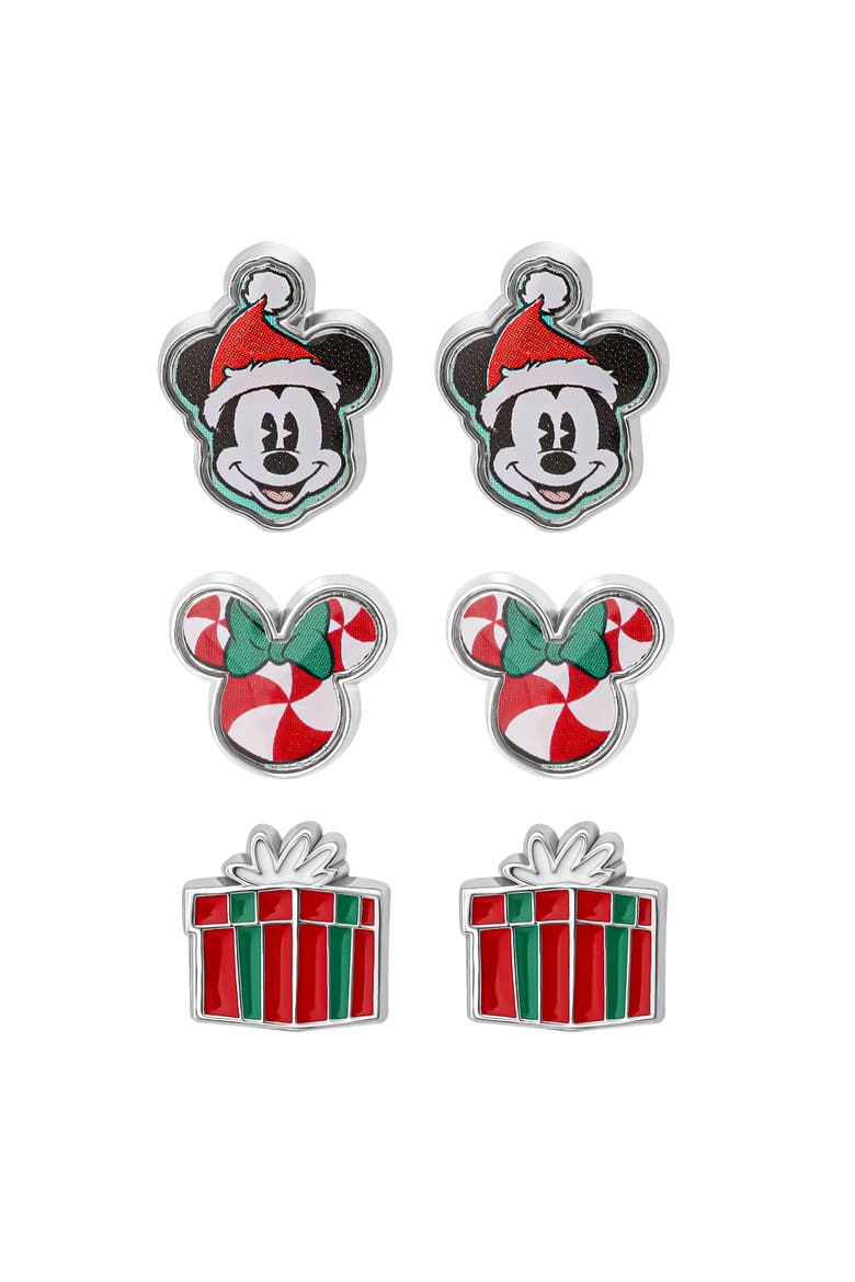 Mickey and Minnie Mouse Holiday Stud Earring Set, Mickey Santa, Peppermint Minnie and Gift Box, Main, color, Red, green