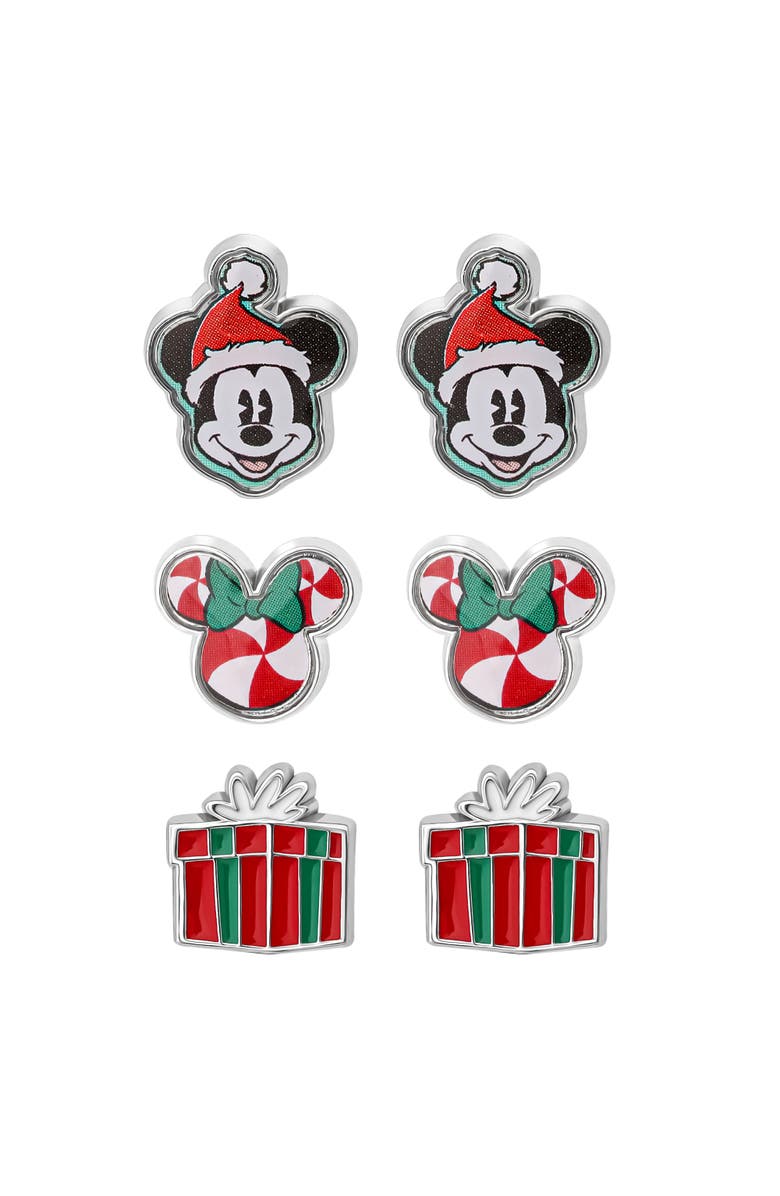 Disney Mickey and Minnie Mouse Holiday Stud Earring Set, Mickey Santa, Peppermint Minnie and Gift Box, Main, color, Red, Green