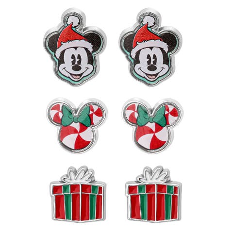 Mickey and Minnie Mouse Holiday Stud Earring Set, Mickey Santa, Peppermint Minnie and Gift Box