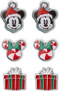 Disney Mickey and Minnie Mouse Holiday Stud Earring Set, Mickey Santa, Peppermint Minnie and Gift Box