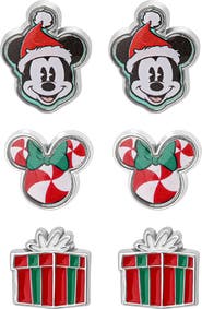 Disney Mickey and Minnie Mouse Holiday Stud Earring Set, Mickey Santa, Peppermint Minnie and Gift Box