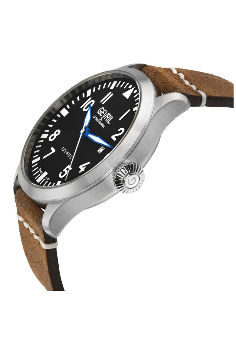 Vaughn Swiss Automatic Leather Strap Watch, 44mm, Alternate, color, BROWN