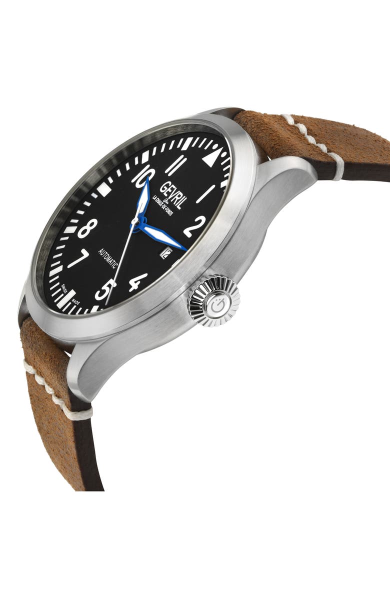 GEVRIL Vaughn Swiss Automatic Leather Strap Watch, 44mm, Alternate, color, Brown