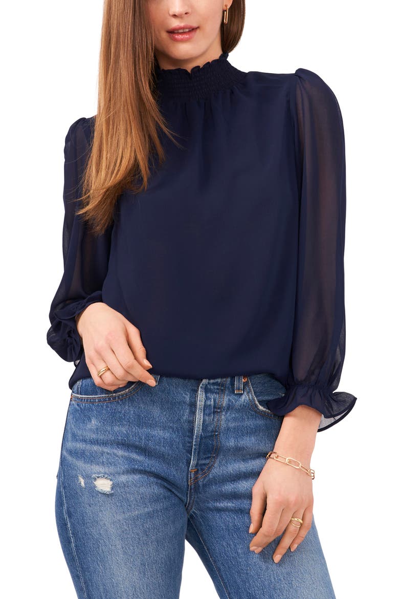 Smocked Neck Long Sleeve Blouse, Main, color, PEACOAT BLUE