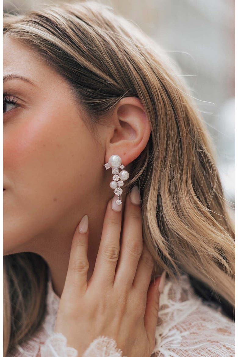 Alexandra Pearl and Crystal Drop Earrings, Alternate, color, Silver