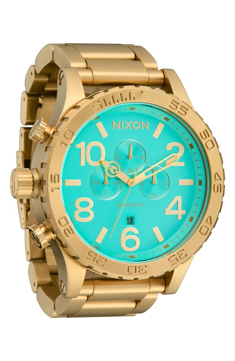 Nixon 51-30 Chronograph Bracelet Watch, 51mm, Alternate, color, Gold / Turquoise / Gold