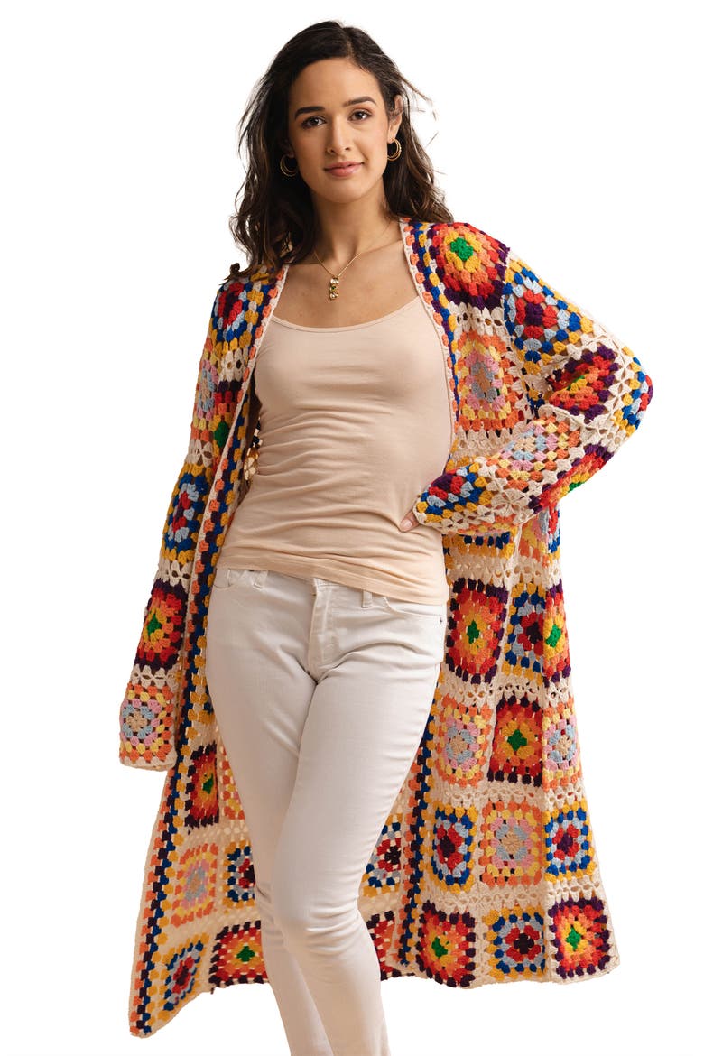 Granny Square Crochet Longline Cardigan, Alternate, color, IVORY