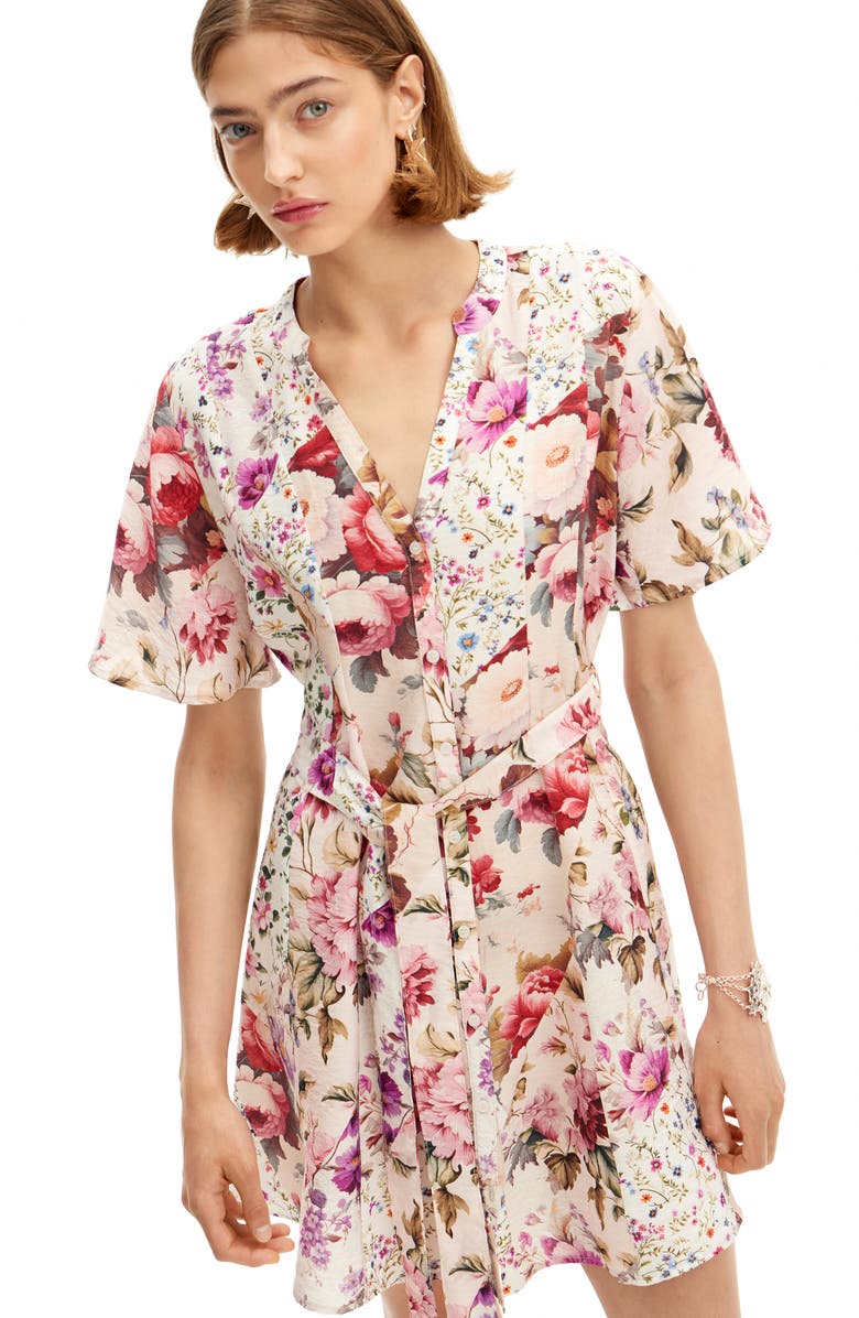 Desigual Camisero Cintu Floral Print Minidress, Alternate, color, Mix Floral/ Ivory
