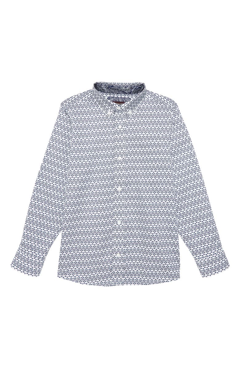 Johnston & Murphy Kids' Skull Print Button-Down Shirt, Main, color, Navy/ White Repeating Skull