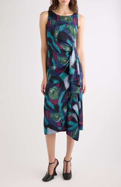 Marbled Moiré Print Draped Midi Dress