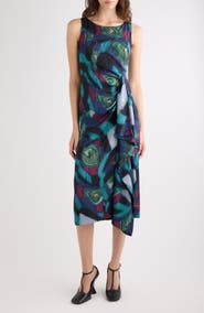Dries Van Noten Marbled Moiré Print Draped Midi Dress