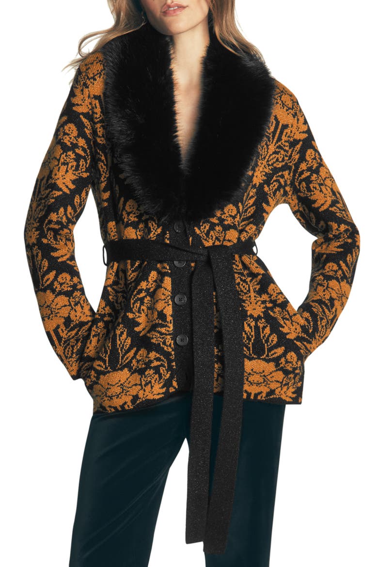 Faux Fur Collar Belted Cardigan, Main, color, METALLIC BLACK GOLD JACQUARD