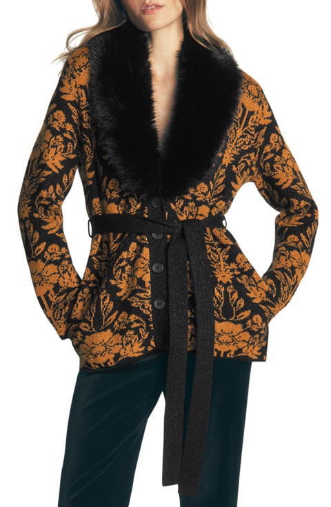 Faux Fur Collar Belted Cardigan