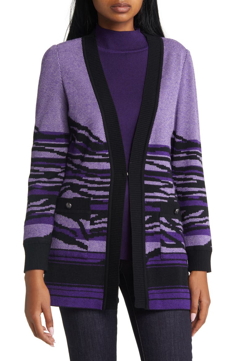 Landscape Stripe Cardigan, Main, color, VALIENT PURPLE STERLING BLACK