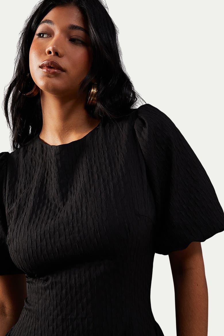 Seersucker Puff Sleeve Midi Dress, Alternate, color, Black