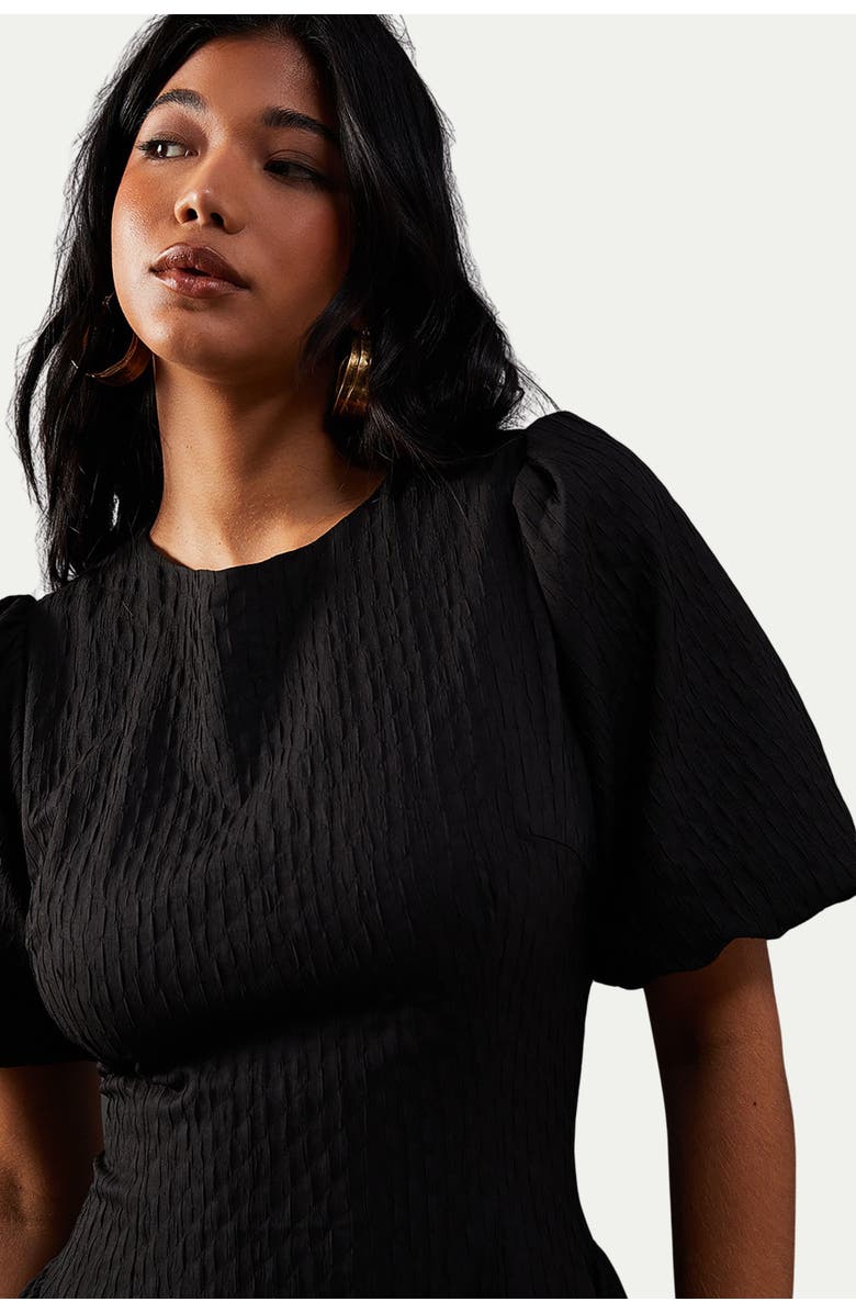 Warehouse Seersucker Puff Sleeve Midi Dress, Alternate, color, Black