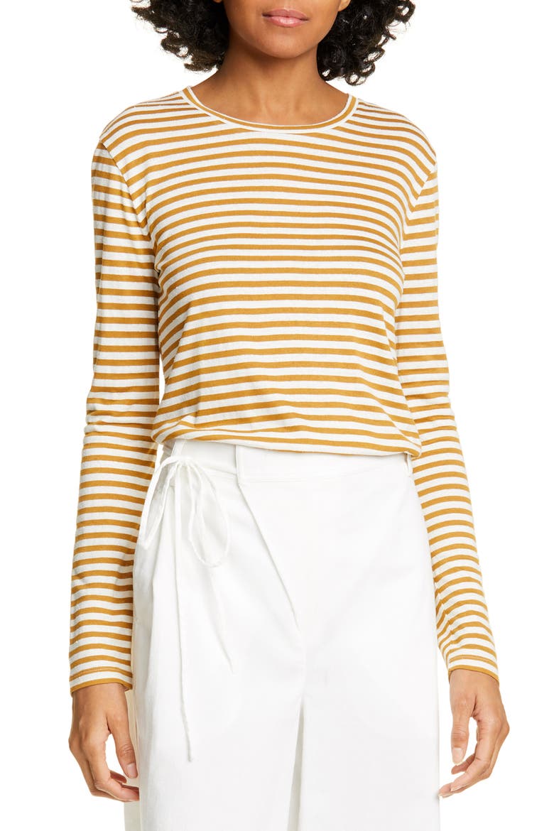Stripe Long Sleeve Silk Blend Tee, Main, color, NATURAL/ TEAKWOOD